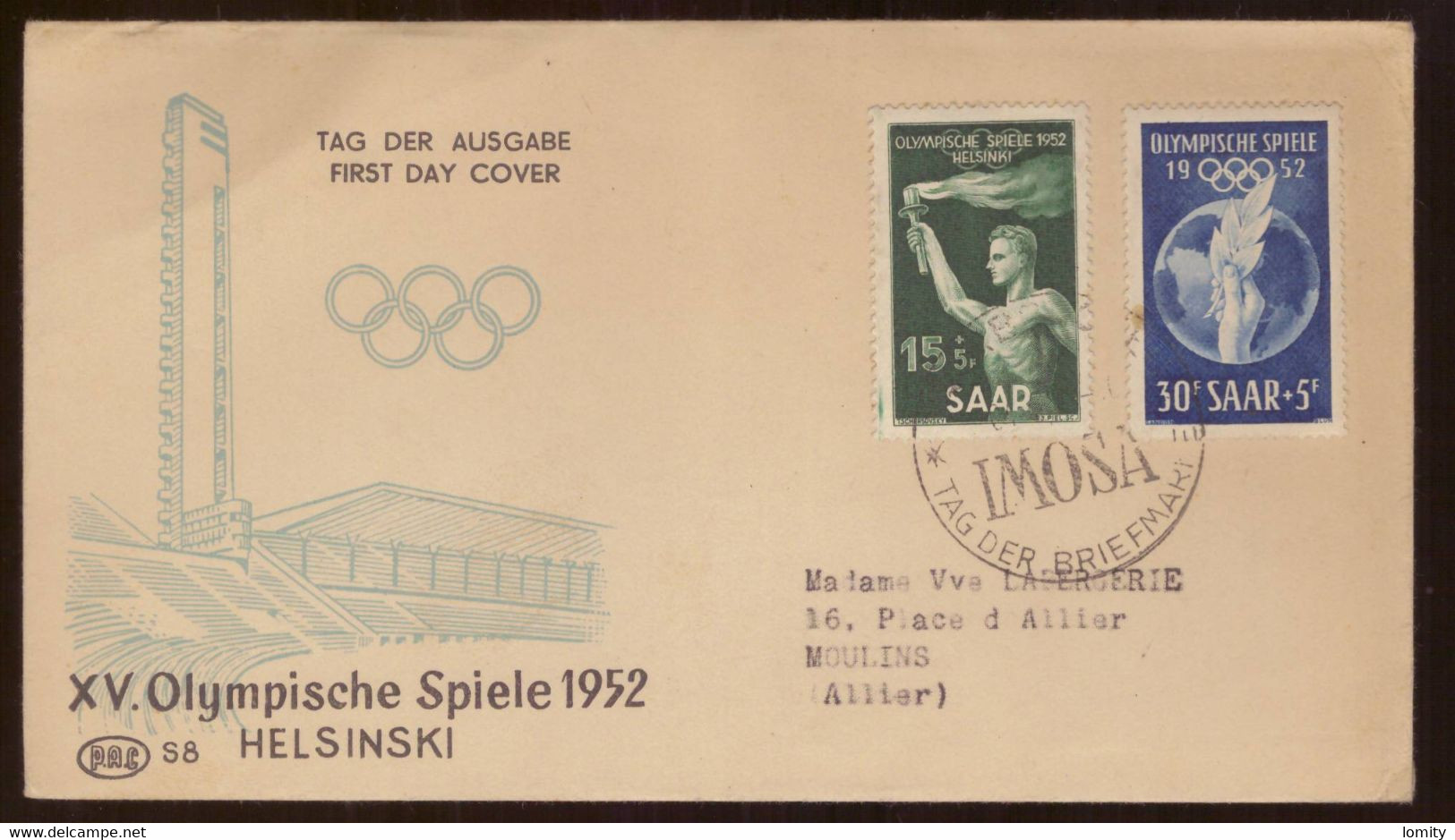 Sarre FDC Saar 1952 Jeux Olympiques Helsinski Fist Day Cover Lettre Premier Jour Cachet Imosa - FDC