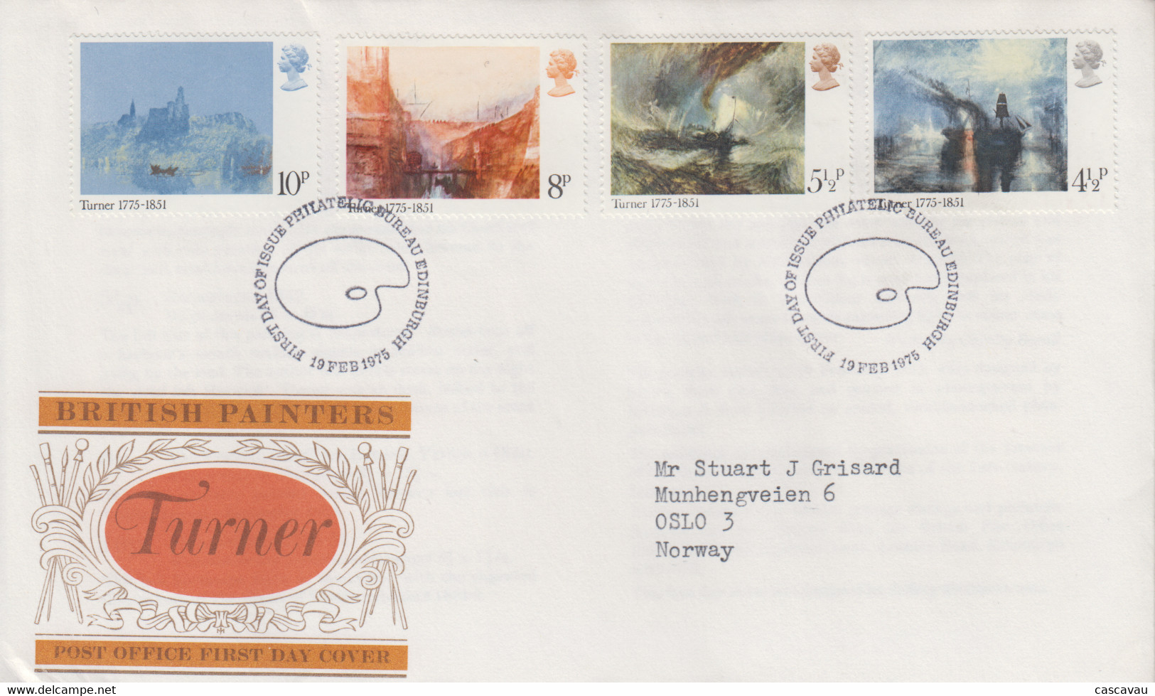 Enveloppe  FDC  1er  Jour   GRANDE  BRETAGNE    Oeuvres  De   William  TURNER   1975 - 1971-80 Ediciones Decimal