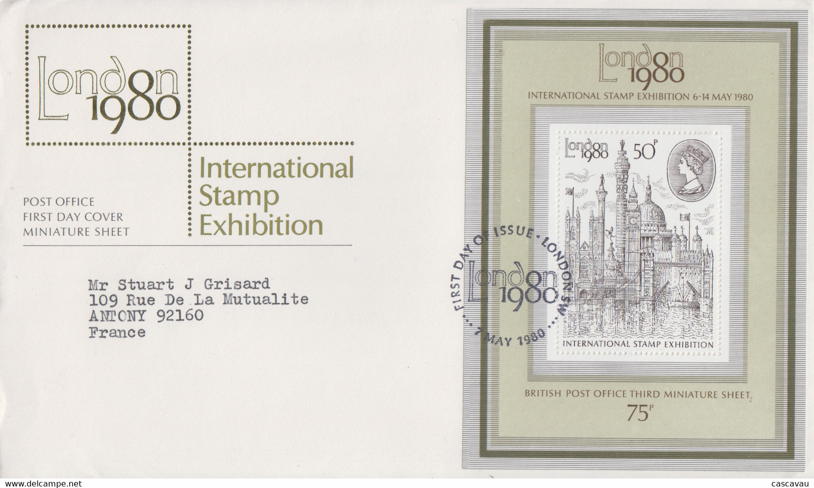 Enveloppe  FDC  1er  Jour   GRANDE  BRETAGNE   Bloc  Feuillet    Exposition  Philatélique  Internationale   1980 - 1971-1980 Decimal Issues