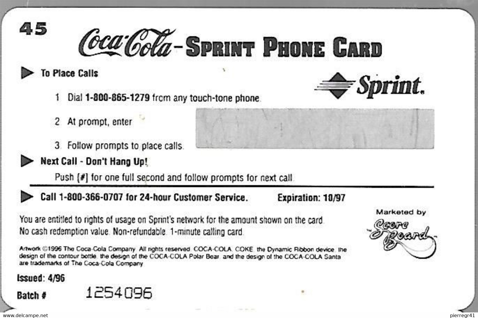 CARTE-PREPAYEE-USA-SPRINT-1$-N°45-4/96--COCA COLA-Theme Cible 1951-Non Gratté-Neuve-Plastic Epais-TBE-RARE - Levensmiddelen
