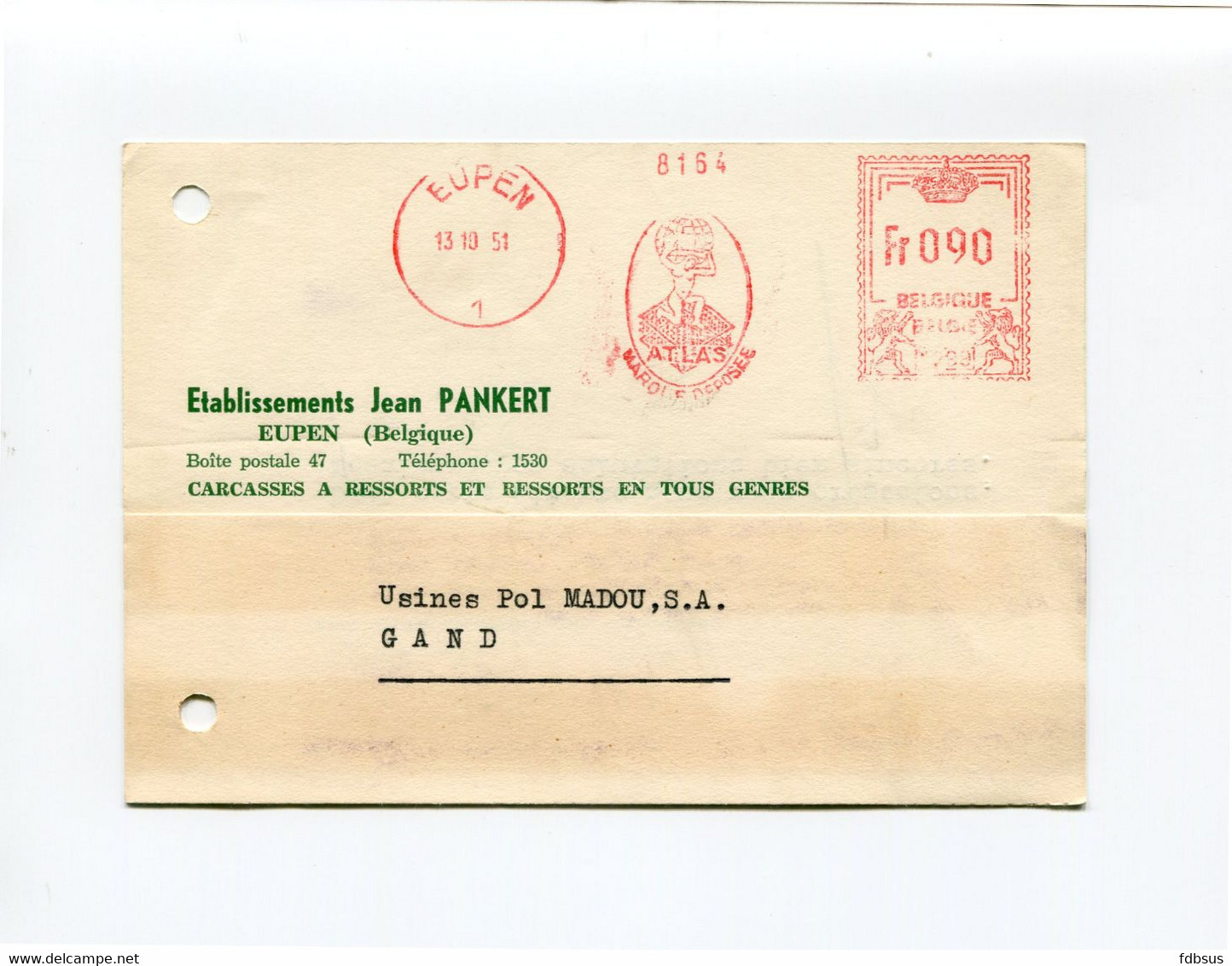 1951 Kaart Van Ets J. Pankert EUPEN (Ressort) Naar Gand Met Mooie Rode Frankeerstempel Fr 090 ATLAS 8164 - ...-1959