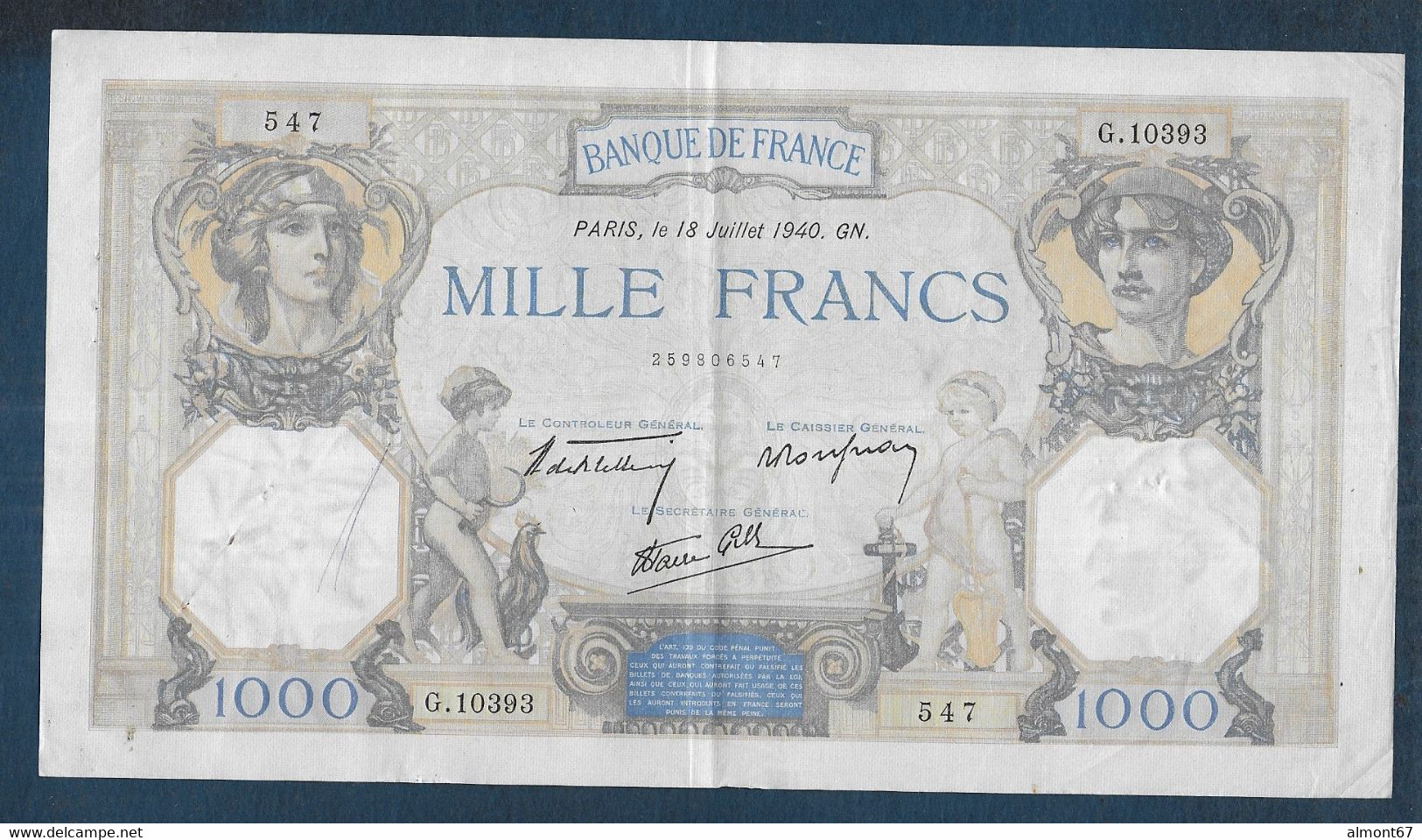 1000 Francs  Cérès Et Mercure   Du  18 Juillet  1940 - 1 000 F 1927-1940 ''Cérès Et Mercure''