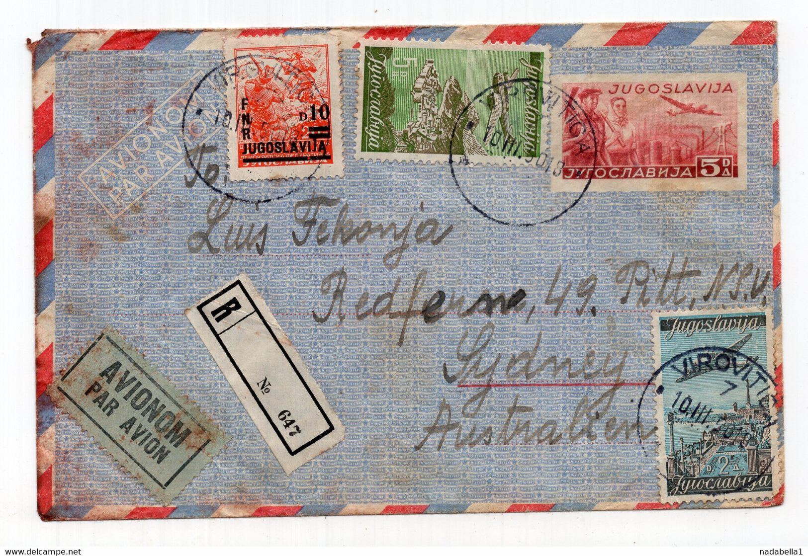 1950. YUGOSLAVIA,CROATIA,VIROVITICA,REGISTERED AIRMAIL COVER TO SYDNEY,AUSTRALIA - Airmail