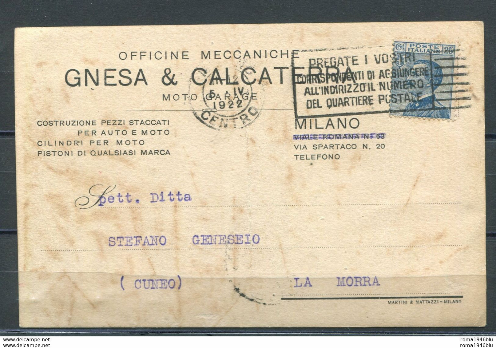 CARTOLINA PUBBLICITARIA OFFICINE MECCANICHE GNESA & CALCATERRA MILANO - Advertising