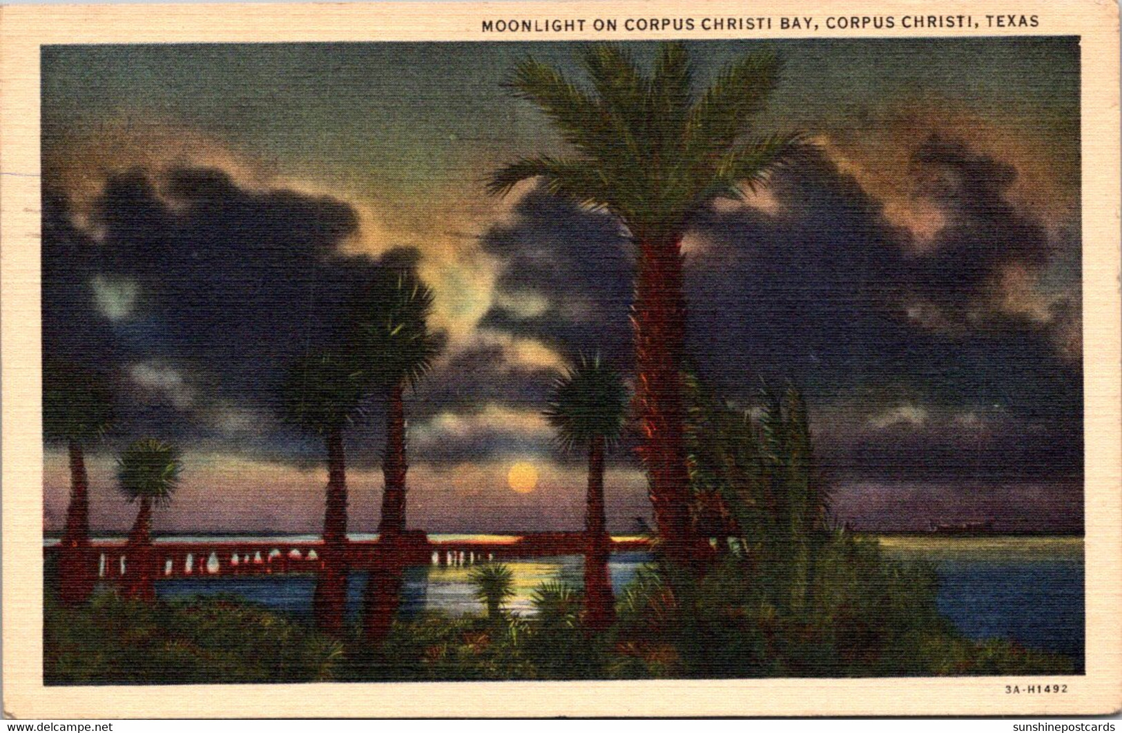 Texas Corpus Christi Moonlight On Corpus Christi Bay 1941 Curteich - Corpus Christi