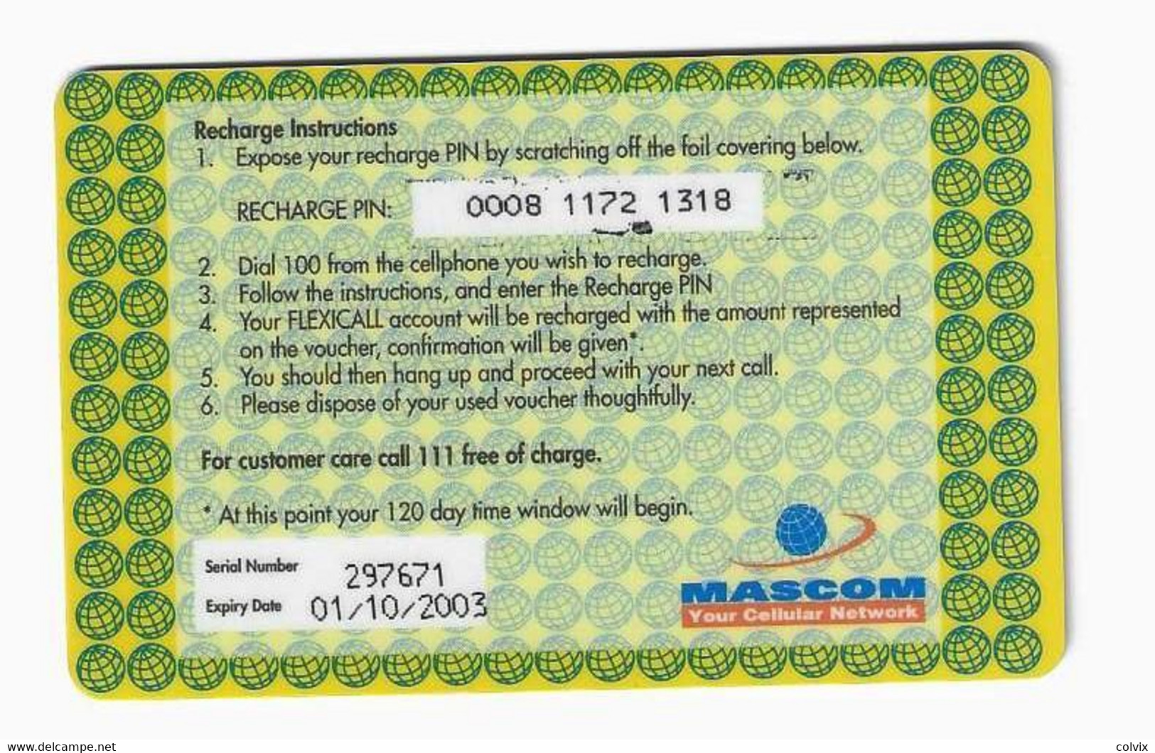 BOTSWANA RECHARGE FLEXICALL PREPAID P60 By MASCOM AIRTIME VOUCHER Date 01/10/2003 - Botsuana