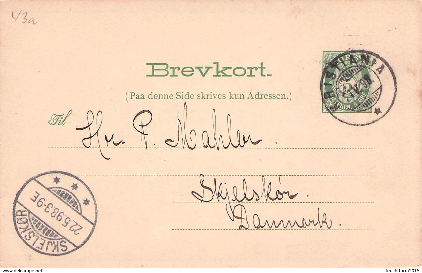 NORWAY - BREVKORT 1898 KRISTIANIA > SKJELSKÓR/DK Mi #P39 / YZ177 - Postal Stationery