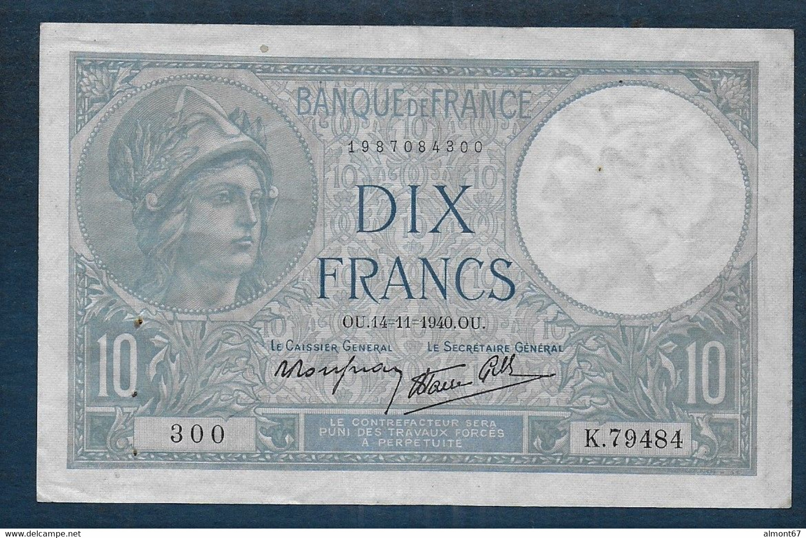 10 Francs  Minerve  Du   14 - 11 - 1940 - 10 F 1916-1942 ''Minerve''