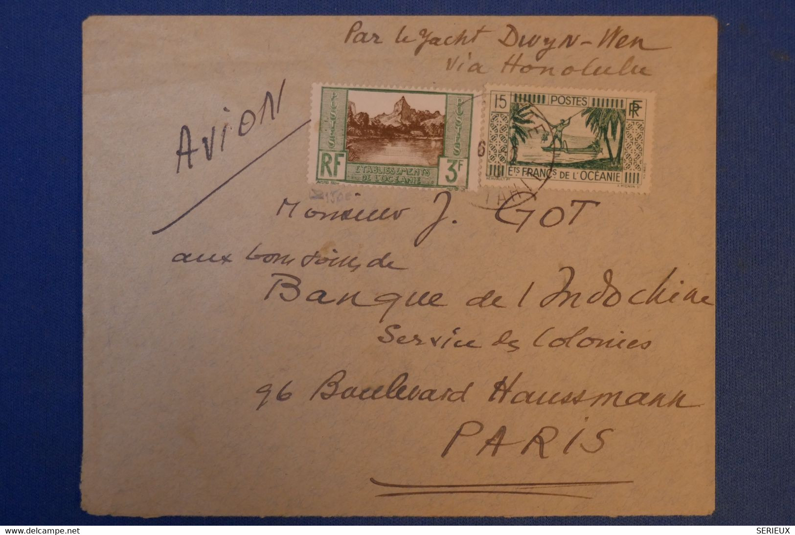 E 12 OCEANIE BELLE LETTRE RARE 1931 AVION PAPETEE POUR PARIS PAR YACHT DWYN-WEN VIA HONOLULU+ AFFRANCH PLAISANT - Cartas & Documentos