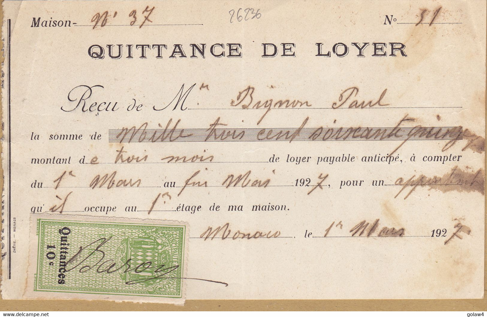 26236# MONACO TIMBRE FISCAL QUITTANCES QUITTANCE DE LOYER 1927 MONTE CARLO - Fiscaux