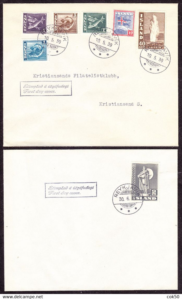 ICELAND 1939 FDC Daily Issues 1 Eyr - 2 Kr On Two Perfect Covers, Mi# 208-14 - Briefe U. Dokumente