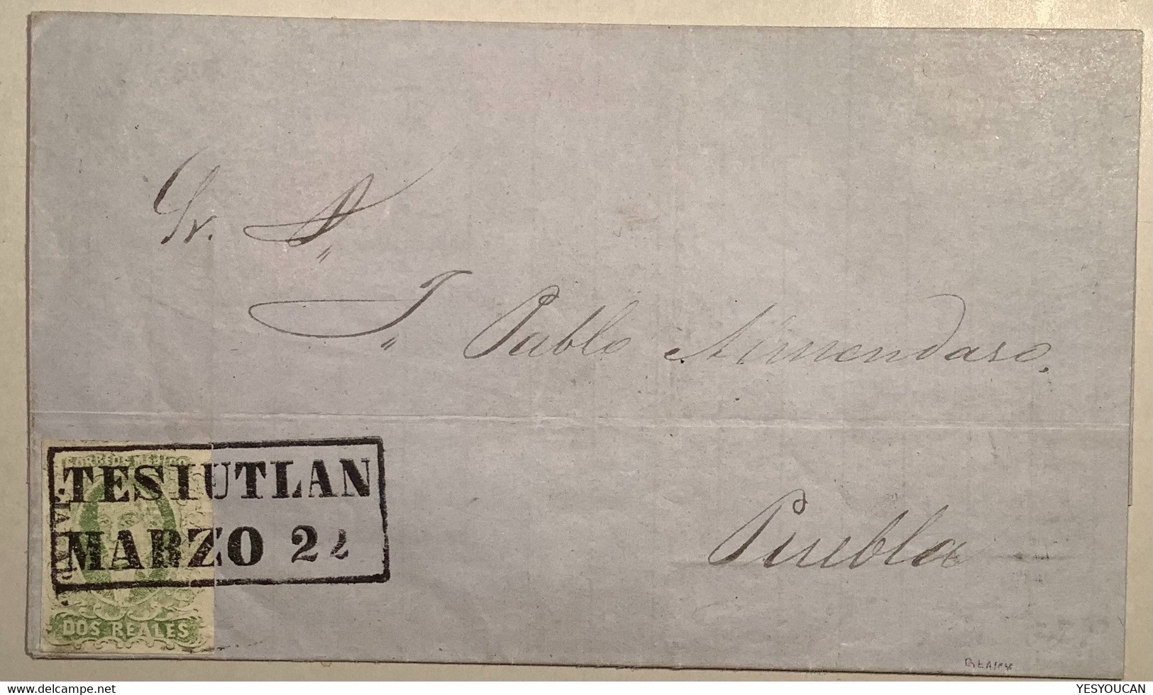 1856 2r Hidalgo Yellow Green JALAPA District XF “TESIUTLAN” Cover To Puebla, Signed Lamy (Mexico Mexique Lettre - Messico