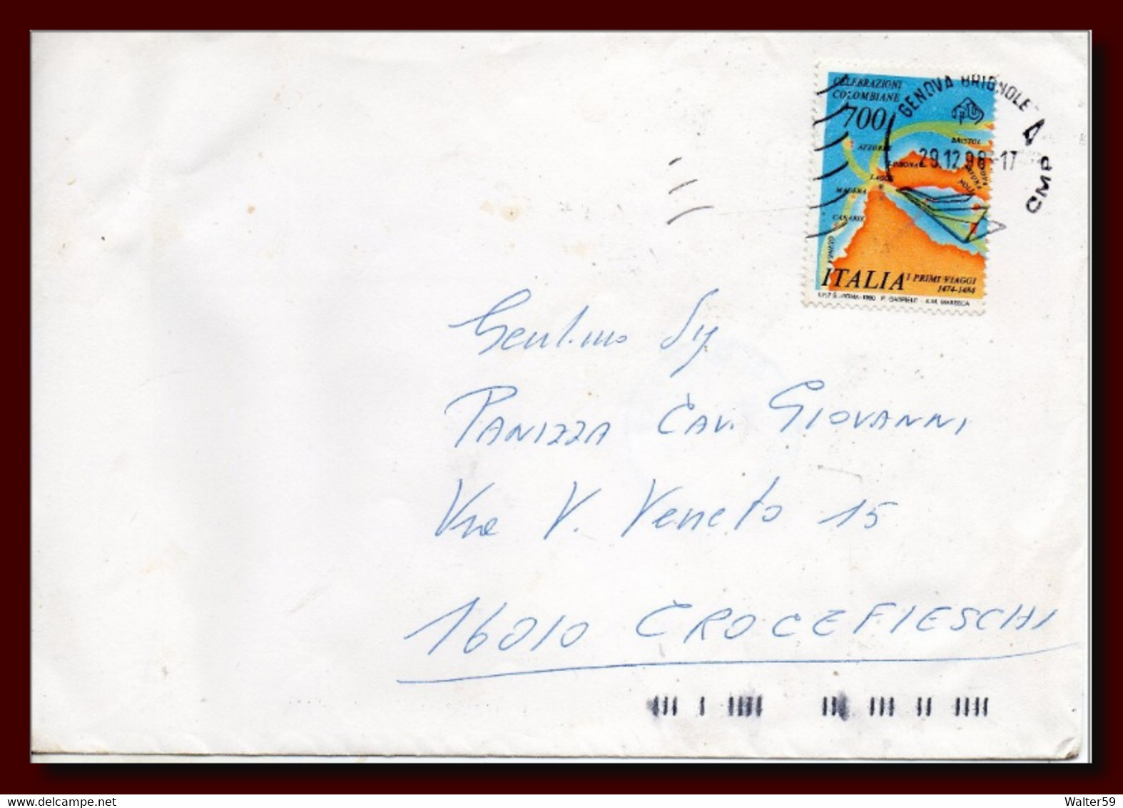 1998 Italia Busta Genova Vg X Crocefieschi £700 Di A.M. Maresca - 1991-00: Storia Postale