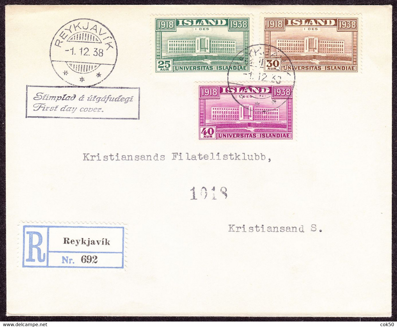 ICELAND 1938 FDC Reykjavik University/20 Year Anniv. Icelandic-Danish Kingdom, Mi# 200-02, Registered Letter - Storia Postale