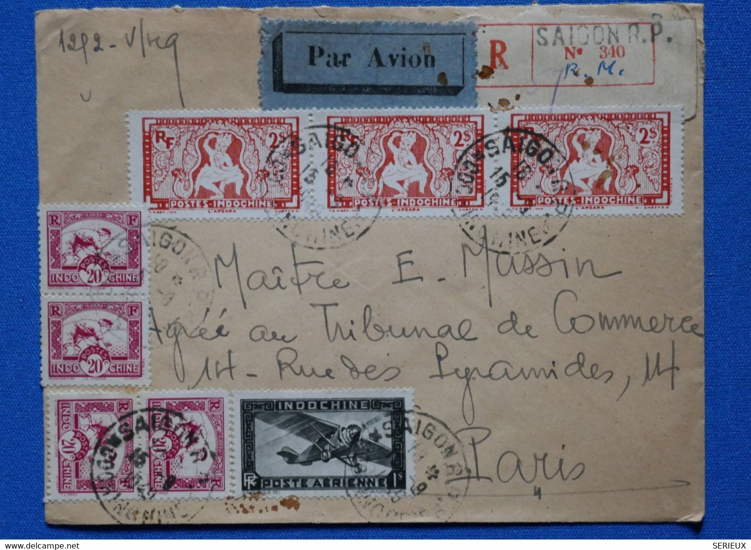 O18 INDO CHINE BELLE LETTRE RECOM 1948 VOYAGEE PAR AVION SAIGON A PARIS FRANCE + BANDE DE 3 T.P+ AFFRANCH. PLAISANT - Cartas & Documentos
