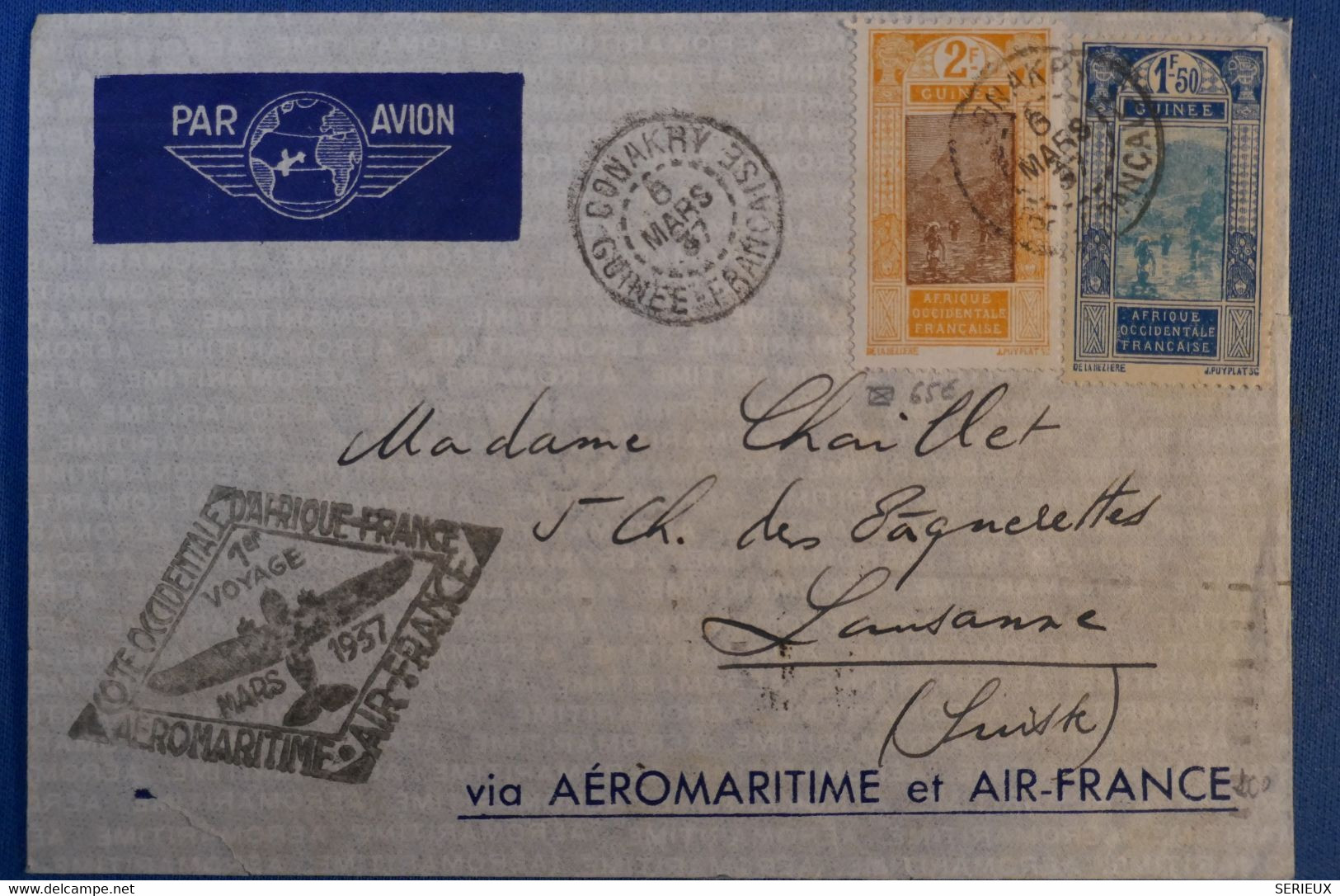 E 12 GUINEE BELLE LETTRE 1937 IER VOL POUR LAUSANNE RARE + AFFRANCH PLAISANT - Covers & Documents