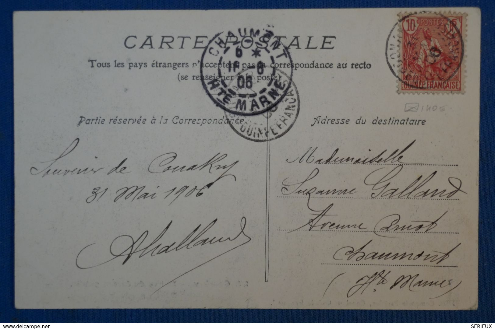 H7 GUINEE FRANCAISE BELLE CARTE 1908 POUR CHAUMONT FRANCE+AFFRANCHISSEMENT PLAISANT - Brieven En Documenten