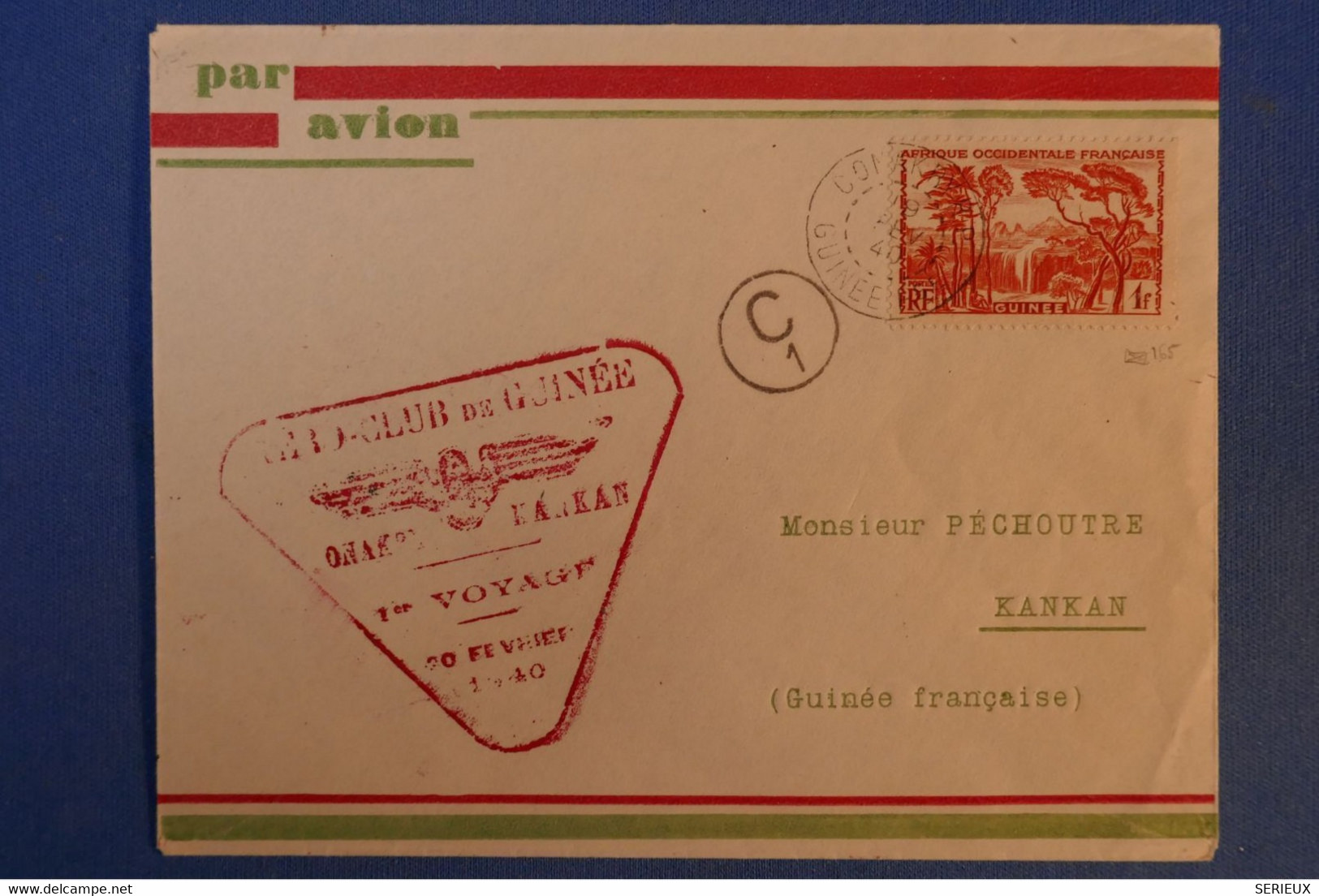 F4 AOF GUINEE BELLE LETTRE 1940 PREMIER VOL KONAKRY POUR KANKAN + CACHET C1+AEROCLUB++ AFFR. PLAISANT - Covers & Documents