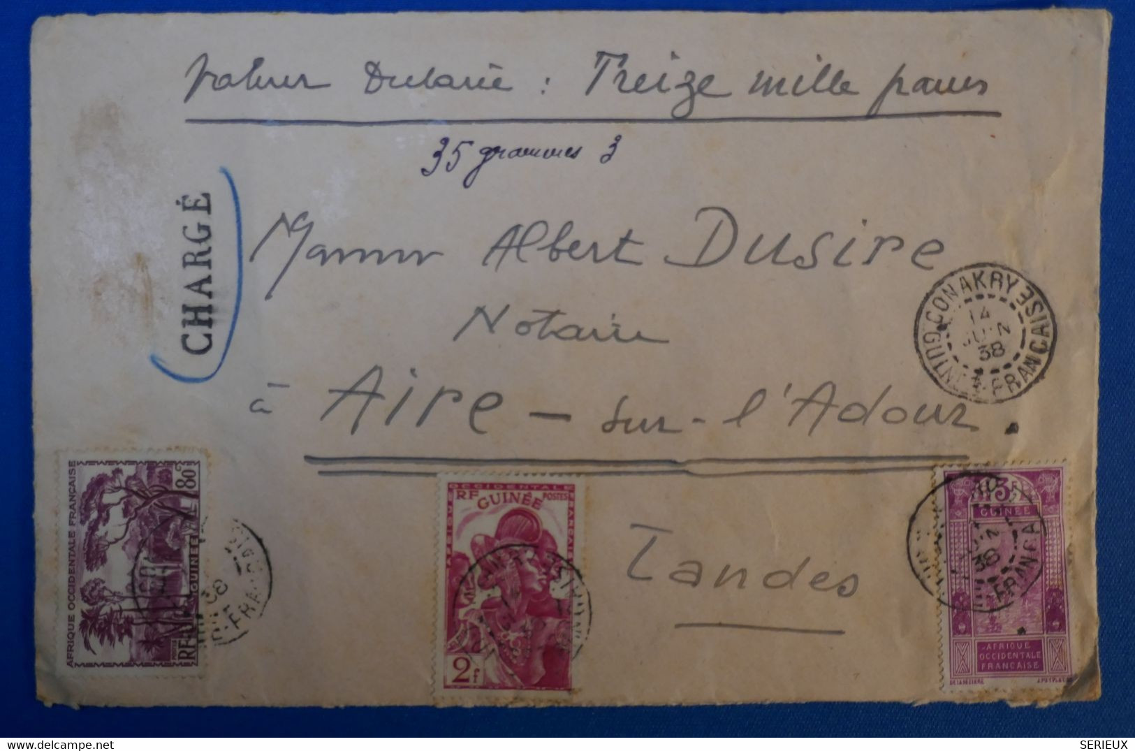 I 16 GUINEE BELLE LETTRE DEVANT 1938 PAR AVION POUR AIRES S ADOUR + AFFRANCHISSEMENT INTERESSANT - Lettres & Documents