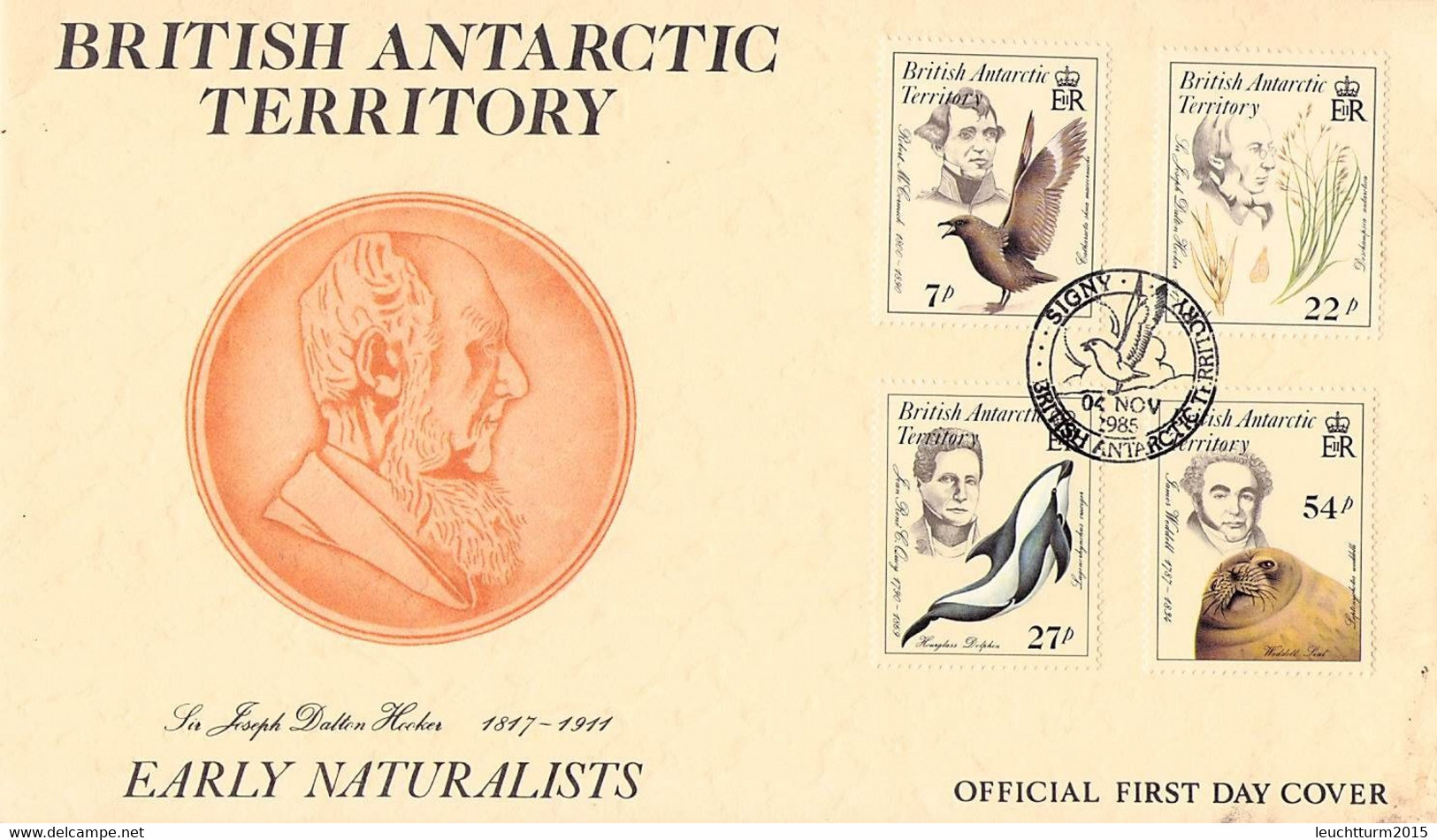 BRIT. ANTARCTIC TERR. - FDC 1985 EARLY NATURALISTS Mi #128-131 / YZ196 - FDC