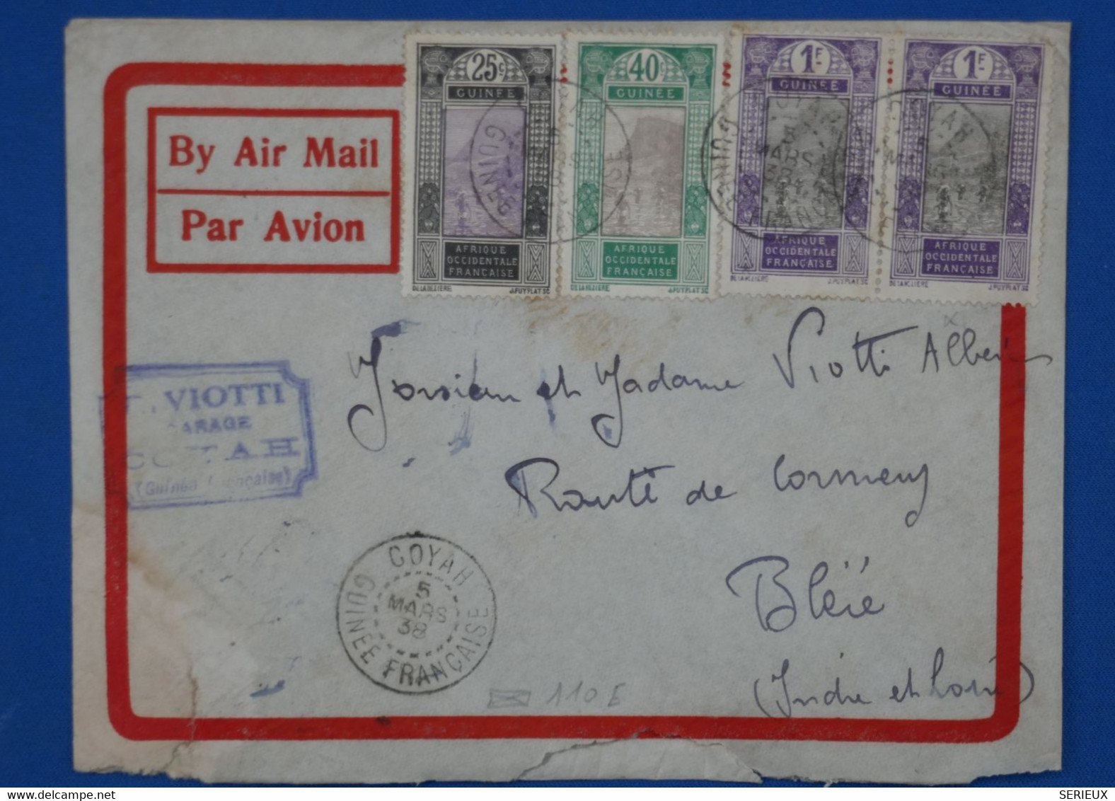 T18 GUINEE AOF BELLE LETTRE 1938 PETIT BUREAU GOYAH A BLERE FRANCE + PAIRE DE T.P 1F+ AFFRANCH. PLAISANT - Brieven En Documenten