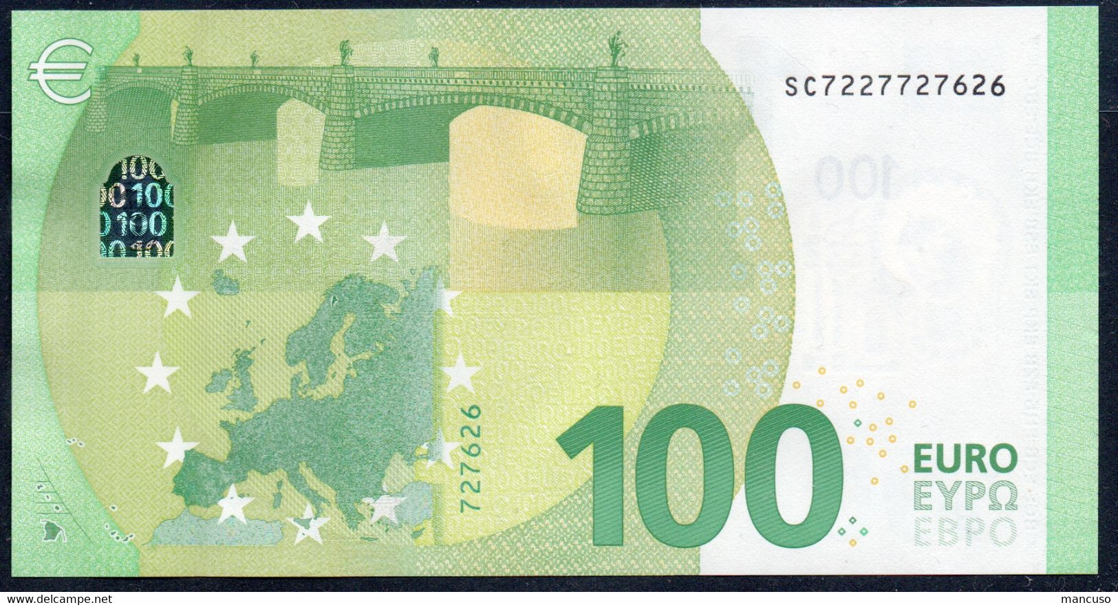 100 EURO ITALIA SC S007  "22" - ONLY 3 NUMBERS - DRAGHI  UNC - 100 Euro