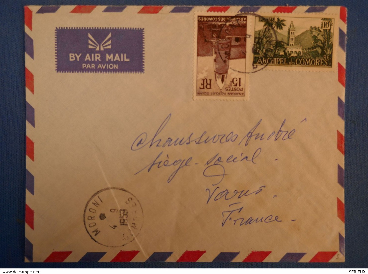 E11 COMORES BELLE LETTRE 1959 PAR AVION MORONI POUR PARIS + 15 F + AFFRANCH. PLAISANT - Cartas & Documentos