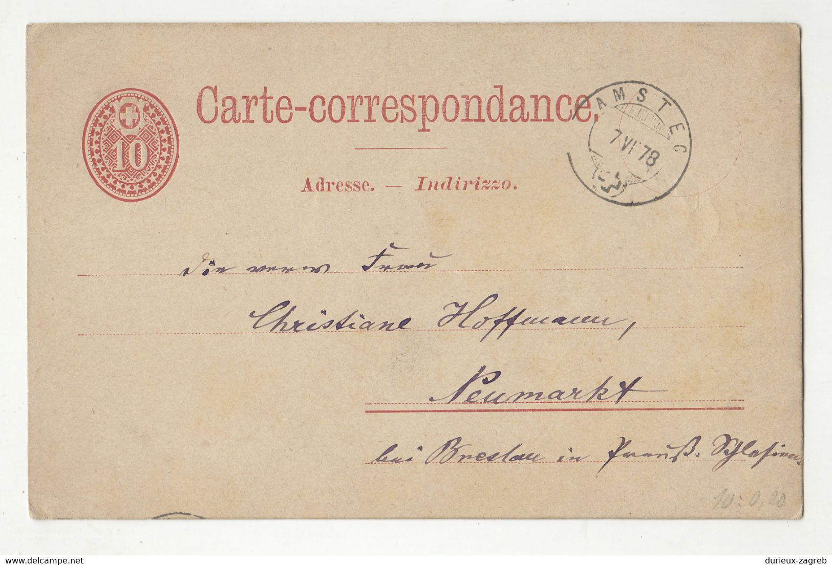 Switzerland Postal Stationery Postcard Carte-correspondance Posted 1878 Amsteg To Neumarkt B211110 - Stamped Stationery
