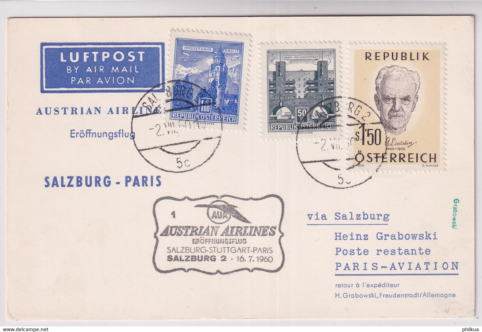 Austrain Airlines Eröffnungsflug Salzburg - Paris 16. Juli 1960 - Sonstige & Ohne Zuordnung