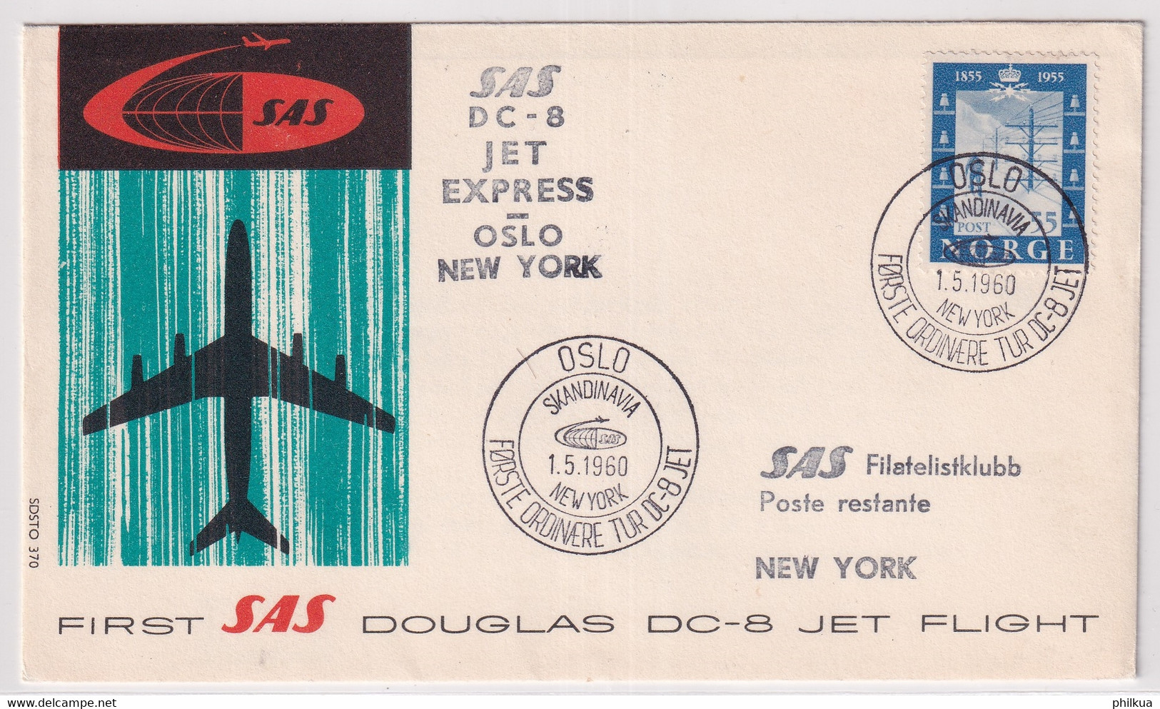 MiNr. 389  Norwegen/100 Jahre Telegraphie In Norwegen - First SAS DC-8 Jet Express OSLO - NEW YORK - Cartas & Documentos