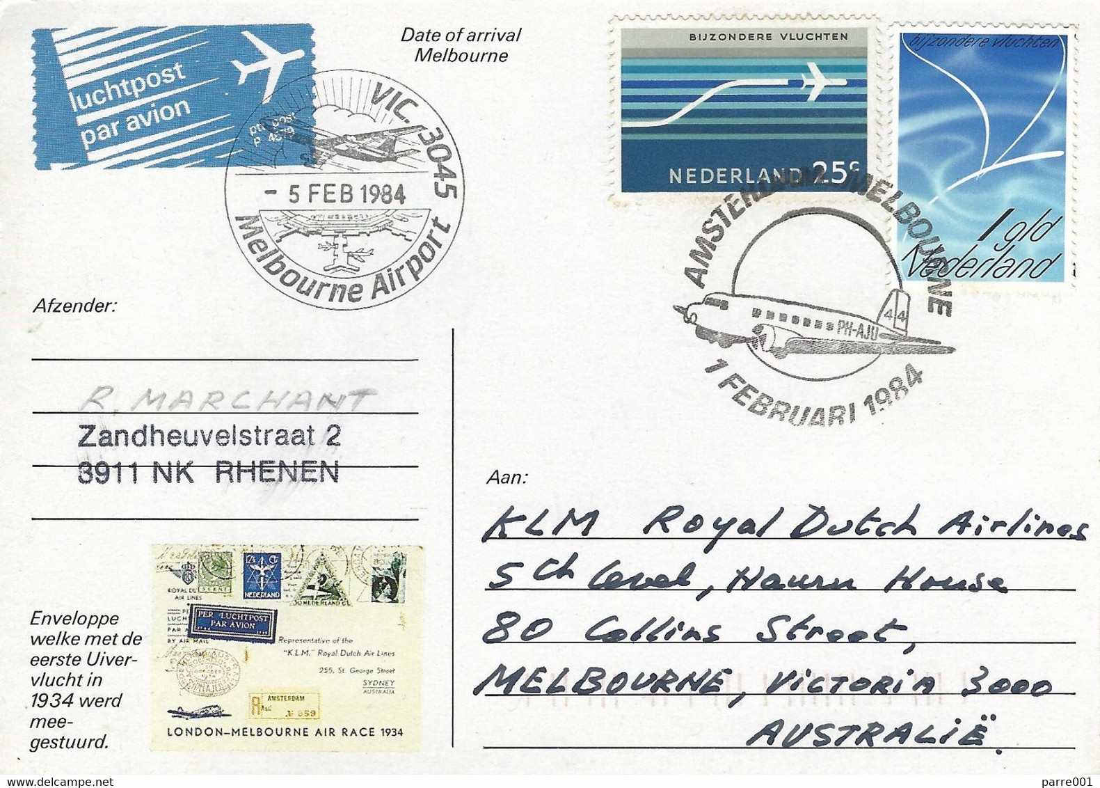 Netherlands-Australia 1984 Melbourne KLM Uiver Memorial Flight Card - Erst- U. Sonderflugbriefe