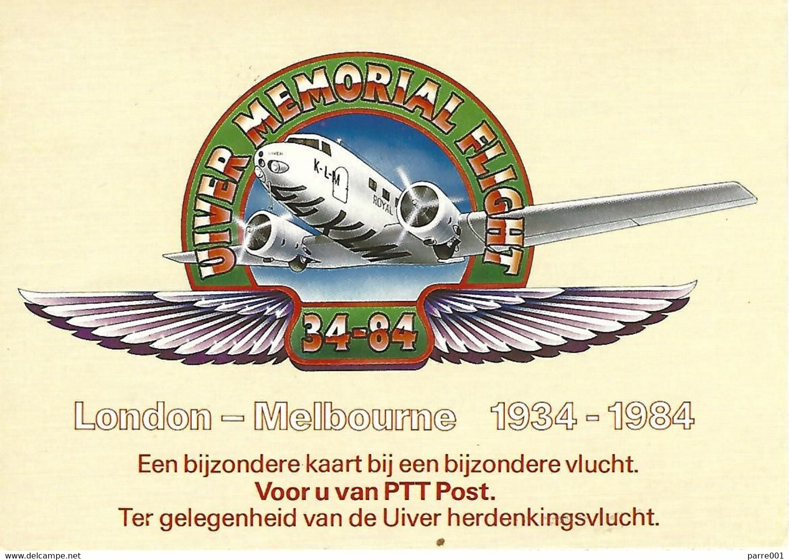 Netherlands-Australia 1984 Melbourne KLM Uiver Memorial Flight Card - First Flight Covers