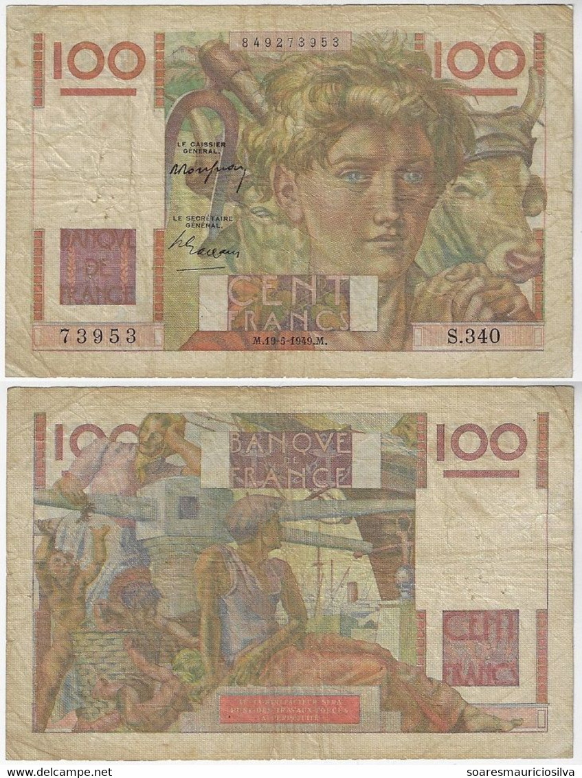 France 100 Francs Banknote Pick 128b Year 1949 Some Holes Good+ - 100 F 1945-1954 ''Jeune Paysan''