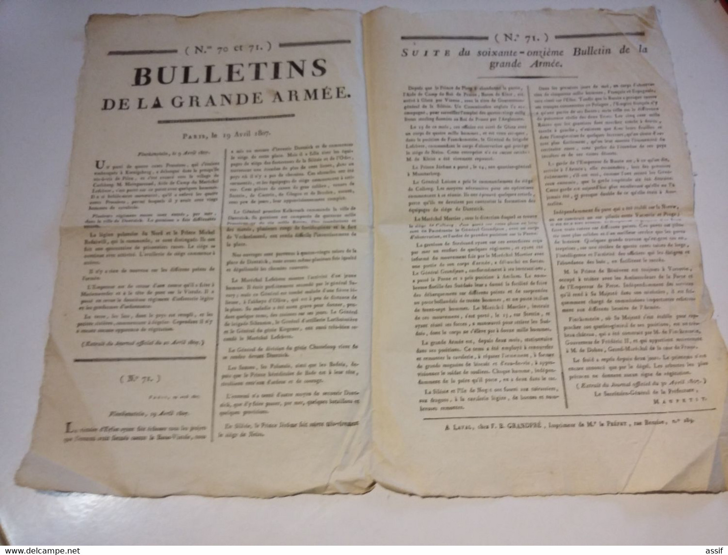 Napoléon Empire 3 BULLETIN De La Grande Armée ( Double Feuille N° 70 Et 71 - Feuille N° 72 ) Finckenstein 1807 - Dantzig - Posters