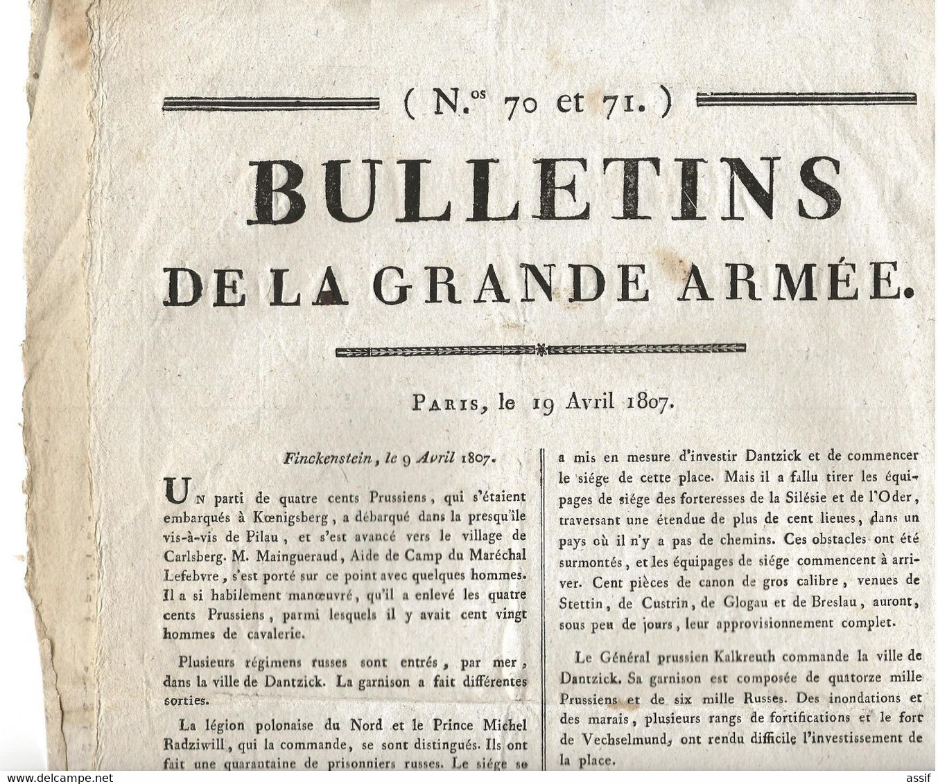 Napoléon Empire 3 BULLETIN De La Grande Armée ( Double Feuille N° 70 Et 71 - Feuille N° 72 ) Finckenstein 1807 - Dantzig - Plakate