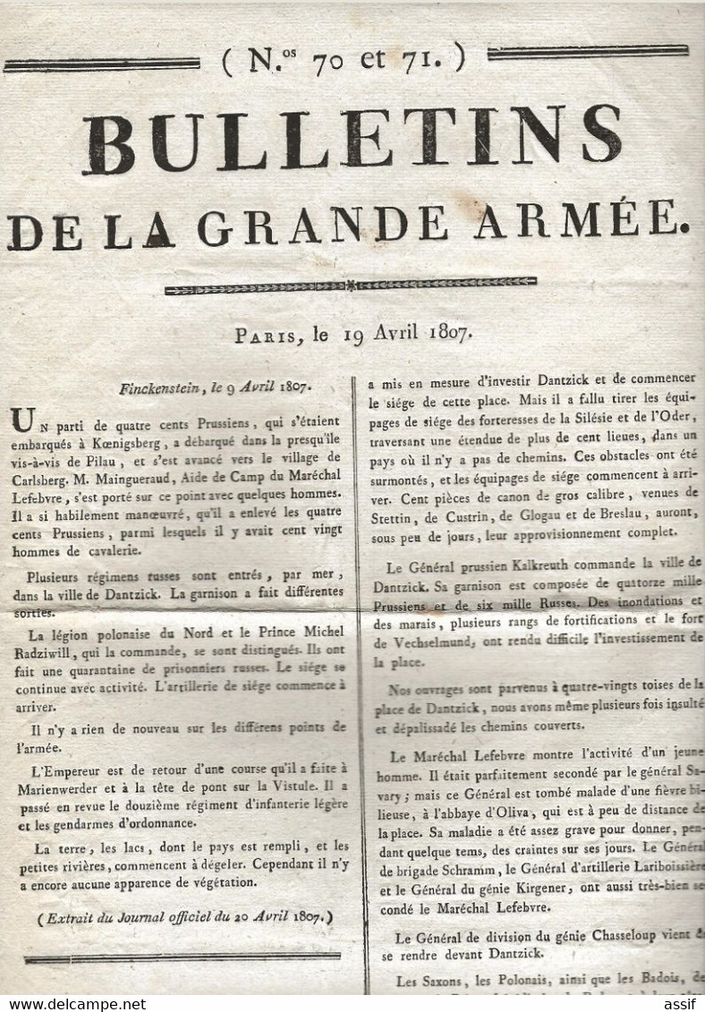 Napoléon Empire 3 BULLETIN De La Grande Armée ( Double Feuille N° 70 Et 71 - Feuille N° 72 ) Finckenstein 1807 - Dantzig - Posters