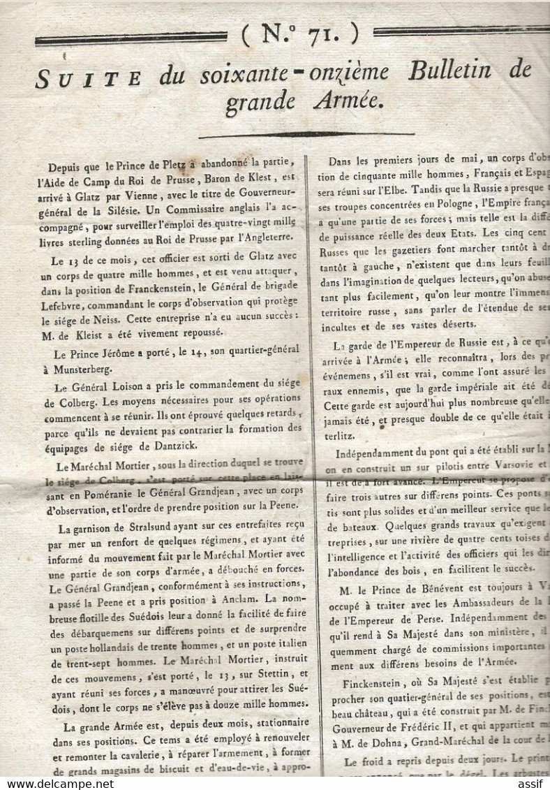 Napoléon Empire 3 BULLETIN De La Grande Armée ( Double Feuille N° 70 Et 71 - Feuille N° 72 ) Finckenstein 1807 - Dantzig - Posters