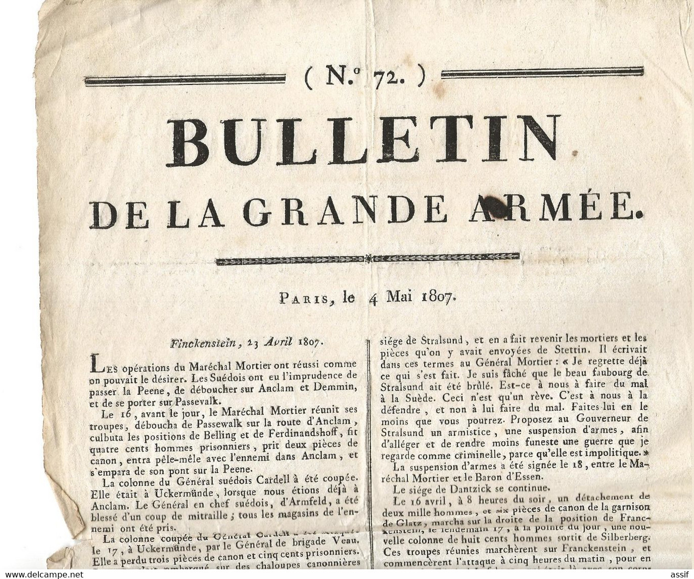 Napoléon Empire 3 BULLETIN de la Grande Armée ( double feuille N° 70 et 71 - feuille N° 72 ) Finckenstein 1807 - Dantzig