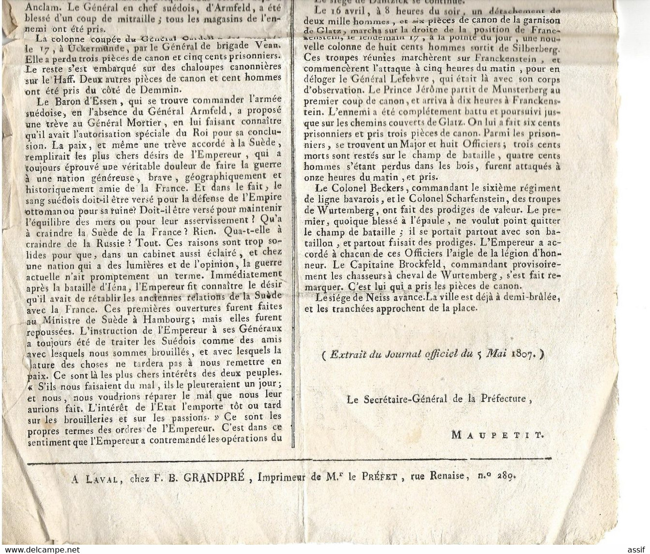 Napoléon Empire 3 BULLETIN de la Grande Armée ( double feuille N° 70 et 71 - feuille N° 72 ) Finckenstein 1807 - Dantzig