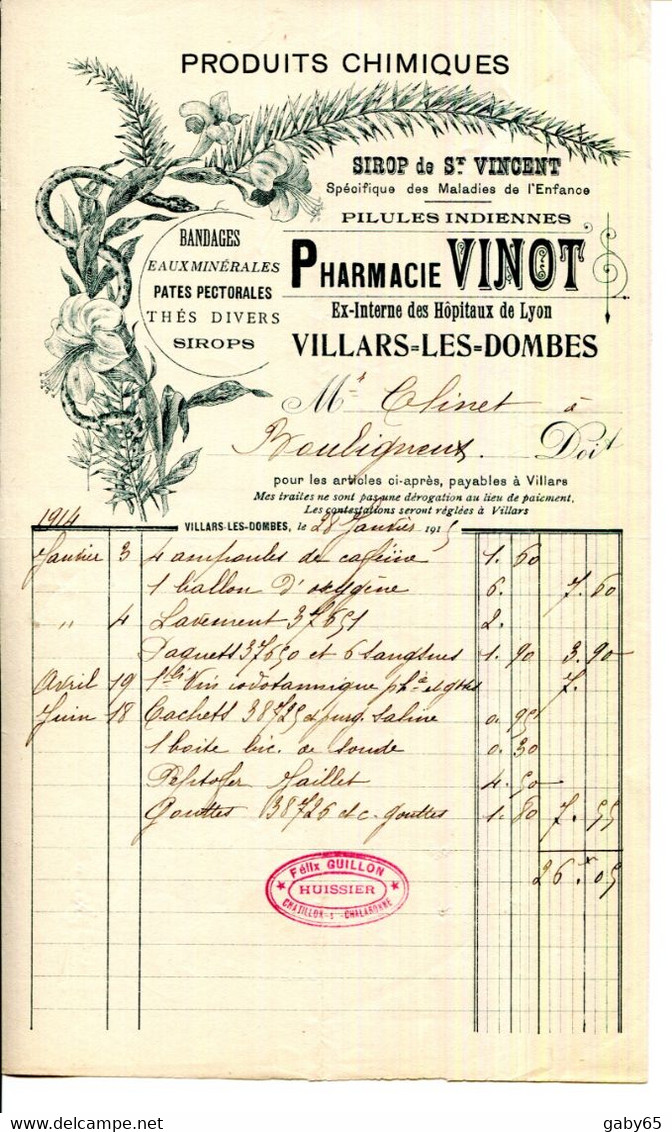 FACTURE.01.AIN.VILLARS LES DOMBES.PRODUITS CHIMIQUES.PHARMACIE VINOT.FACTURETTE. - Perfumería & Droguería