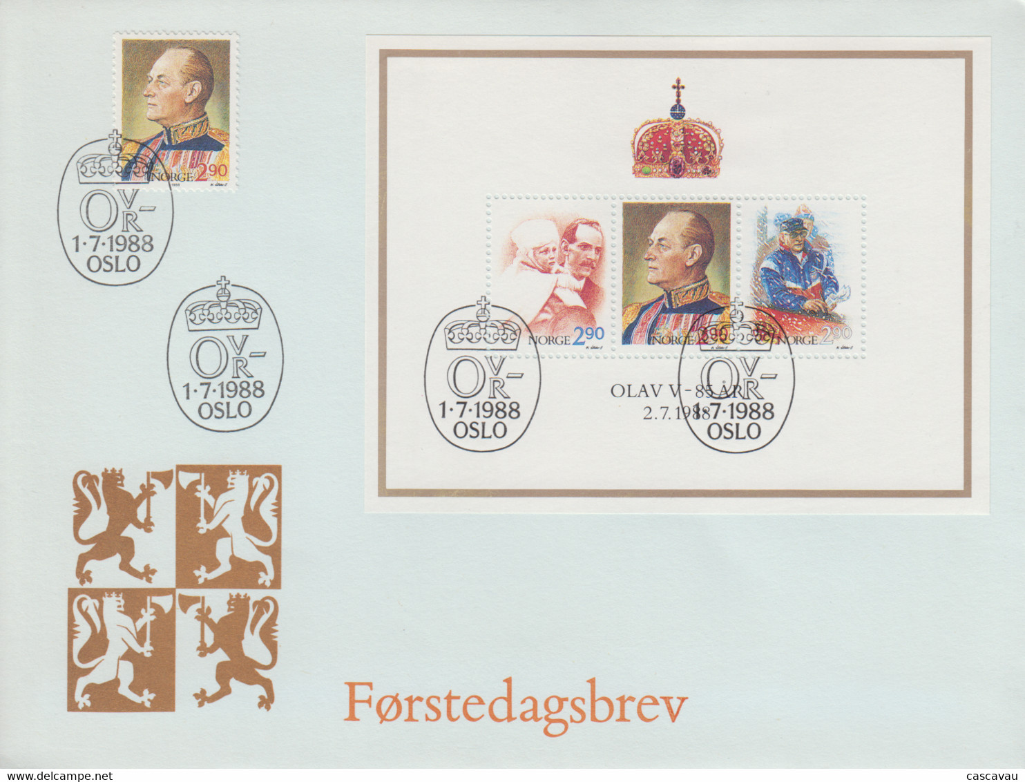 Enveloppe  FDC   1er   Jour   NORVEGE  Bloc  Feuillet   85éme  Anniversaire  Du   Roi  OLAF V   1988 - FDC