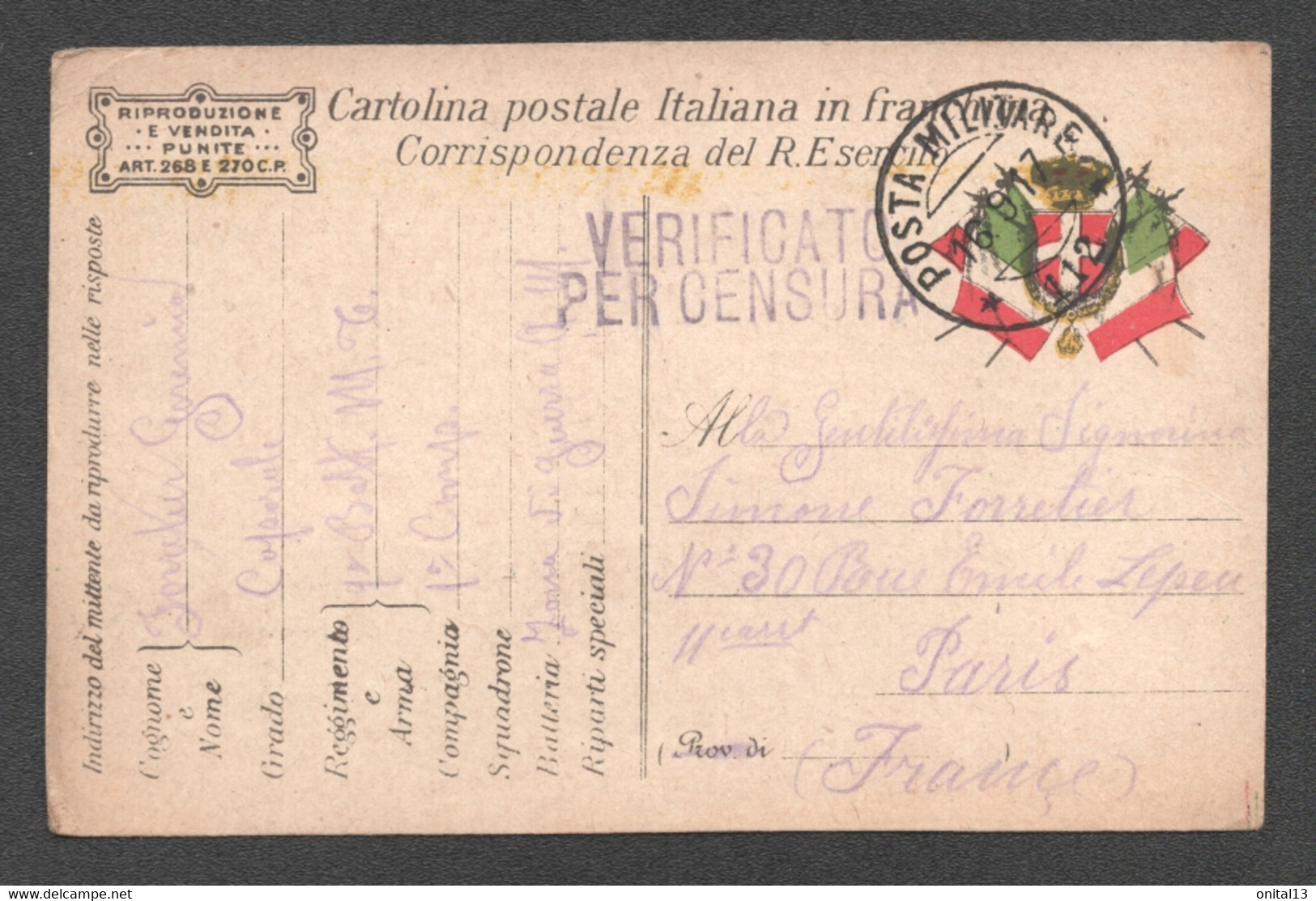 1917 CORRESPONDANCE MILITAIRE / ALBANIA A PARIS / POSTA MILITARE 112 C3083 - Andere & Zonder Classificatie