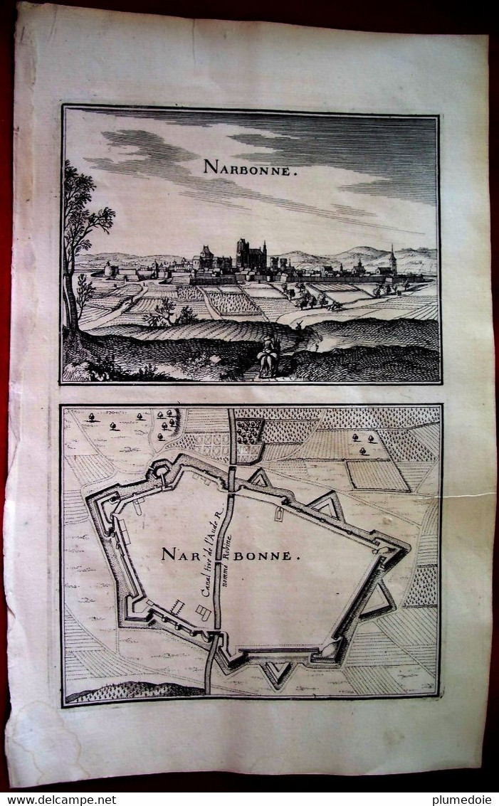 XVII ° SIECLE . VUE ET PLAN DE LA VILLE DE NARBONNE  .Papier à Trames  & Filigrane . AUDE . ESTAMPE AUTHENTIQUE GRAVURE - Cartes Topographiques