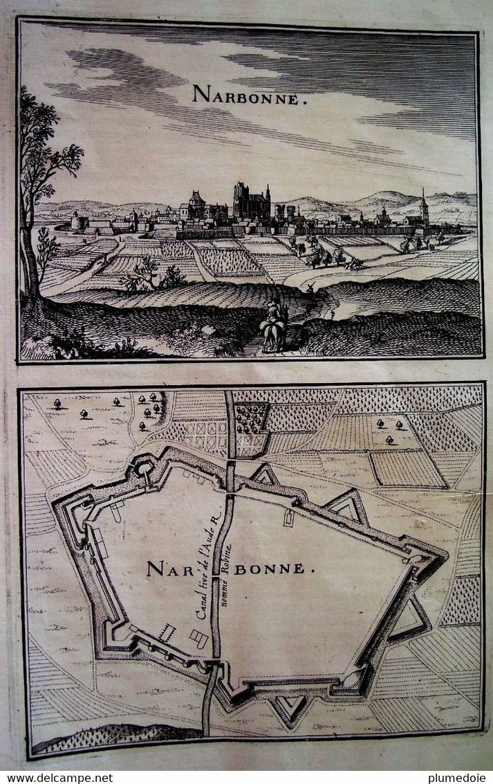 XVII ° SIECLE . VUE ET PLAN DE LA VILLE DE NARBONNE  .Papier à Trames  & Filigrane . AUDE . ESTAMPE AUTHENTIQUE GRAVURE - Cartes Topographiques