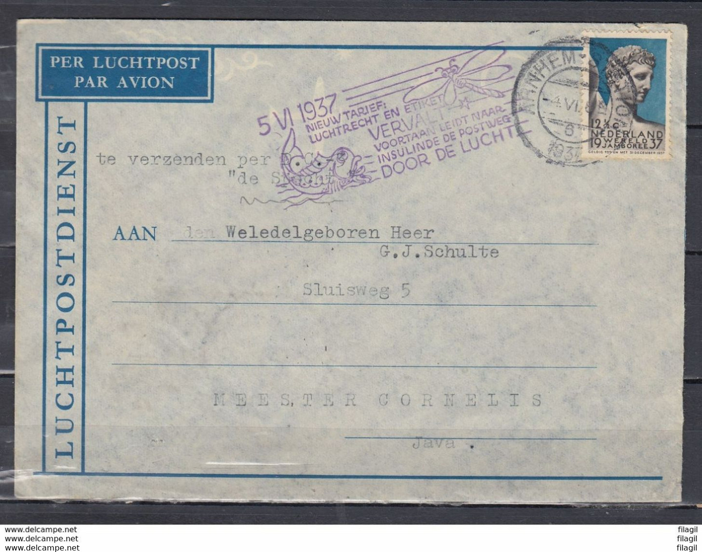 Brief Per Luchtpost Van Arnhem Naar Meester Cornelis Java Nieuw Tarief Luchtrecht Luchtpostdienst - Poste Aérienne