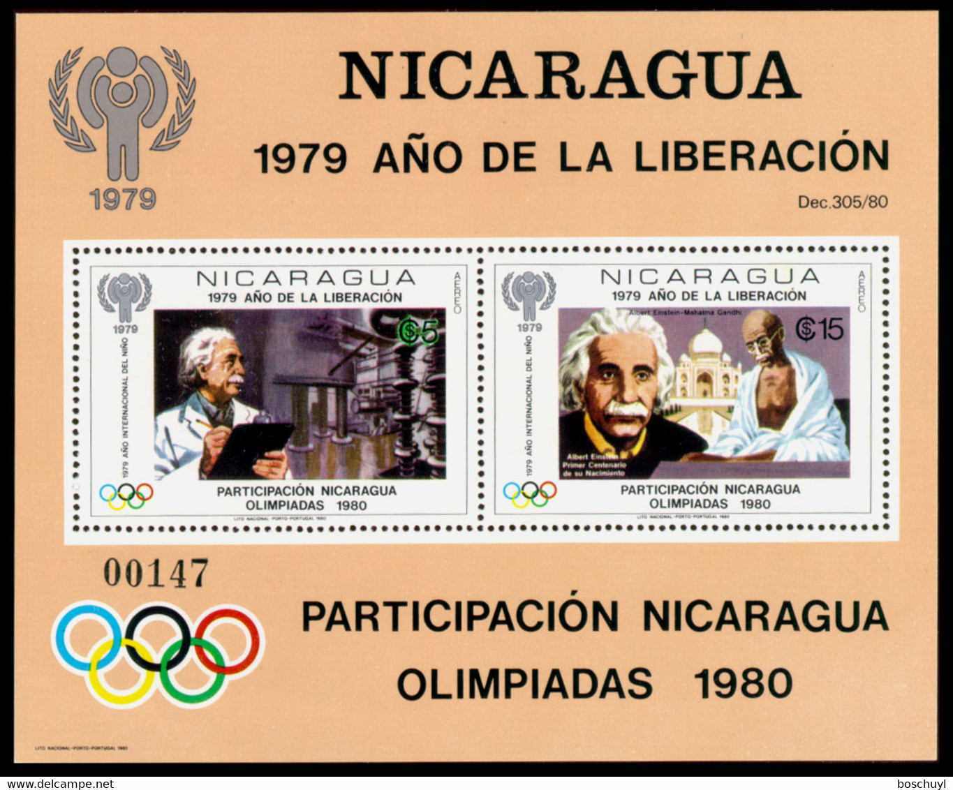 Nicaragua, 1980, International Year Of The Child, Olympics, Einstein, Gandhi, MNH, Michel Block 113 - Nicaragua