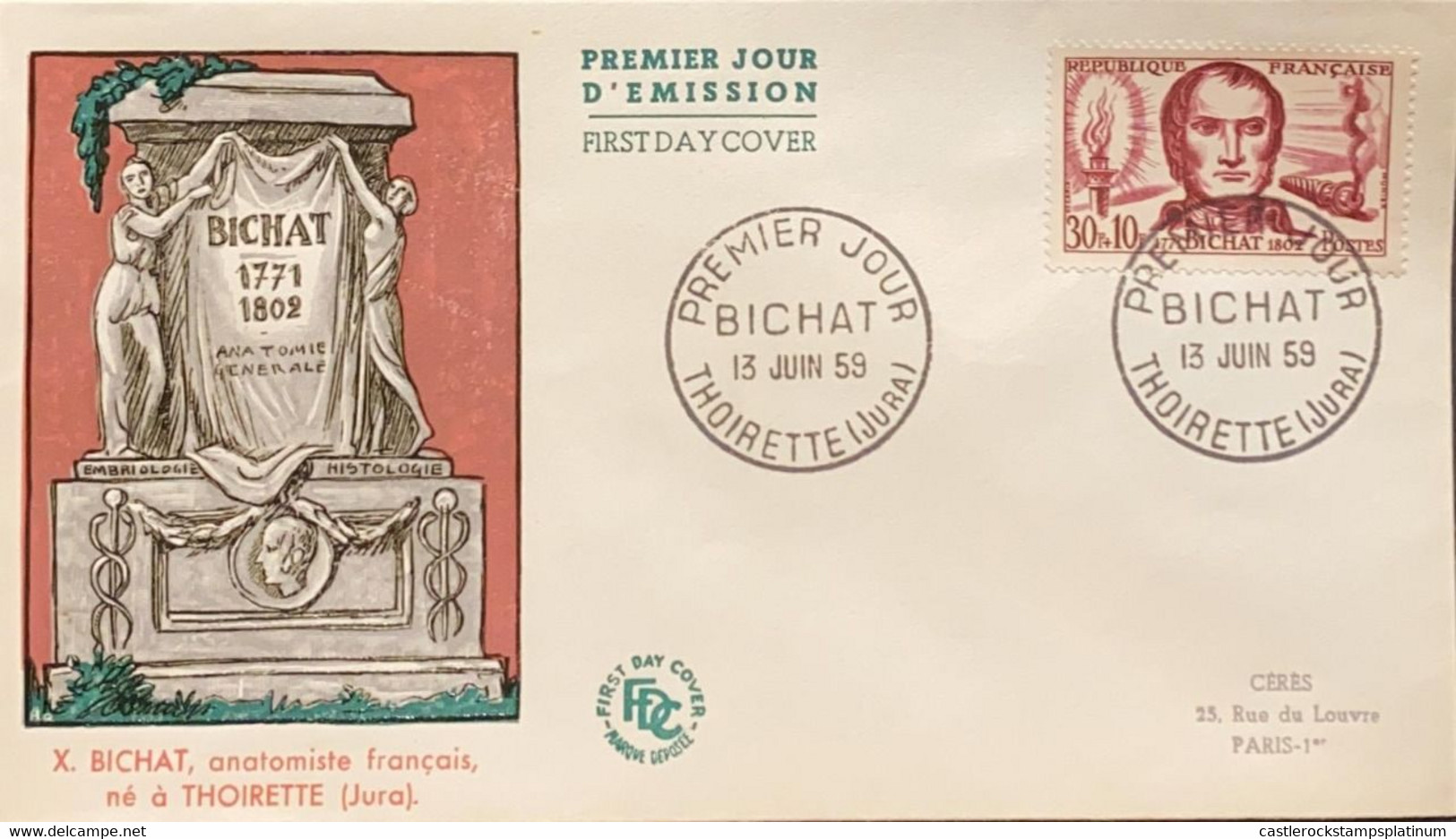 P) 1957 FRANCE, FDC, FAMOUS MEN OF X BICHAT STAMP, FRENCH ANATOMIST, COMMEMORATION, XF - Otros & Sin Clasificación