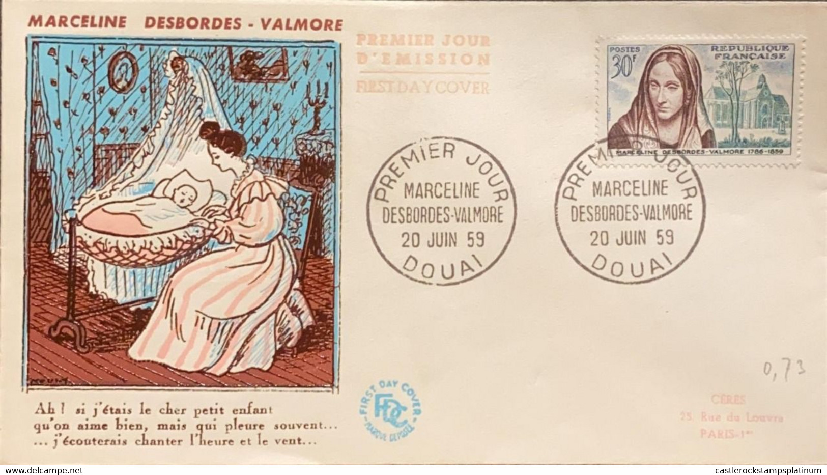 P) 1957 FRANCE, FDC, 100TH ANNIVERSARY OF MARCELINE DESBORDES-VALMORE STAMP ACTRESS SINGER, POET, XF - Sonstige & Ohne Zuordnung