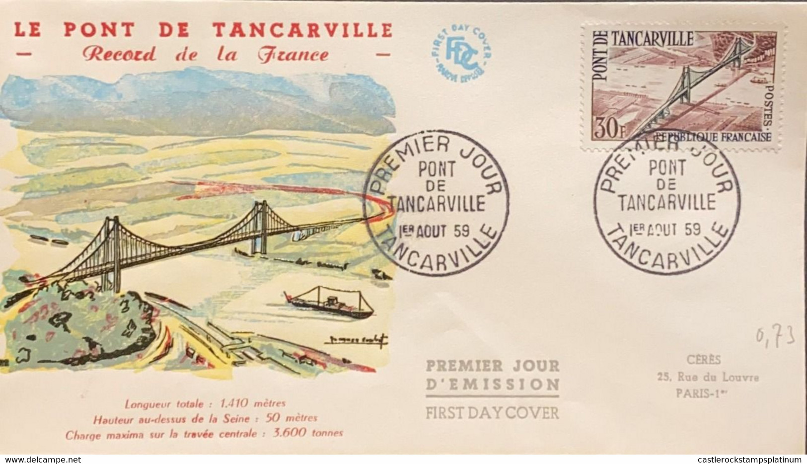P) 1959 FRANCE, FDC, THE TANCARVILLE BRIDGE STAMP, SUSPENSION BRIDGE SEINE RIVER, XF - Altri & Non Classificati