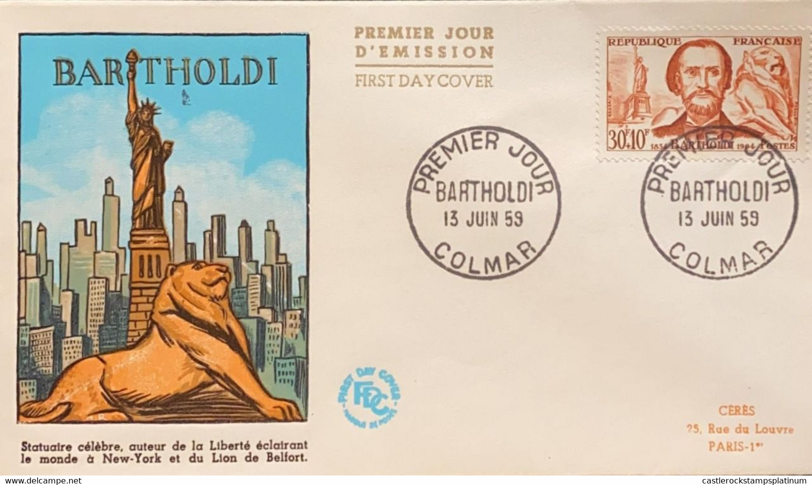 P) 1959 FRANCE, FDC, FAMOUS MEN OF BARTHOLDI STAMP, SCULPTOR, STATUE OF LIBERTY, LION, XF - Autres & Non Classés
